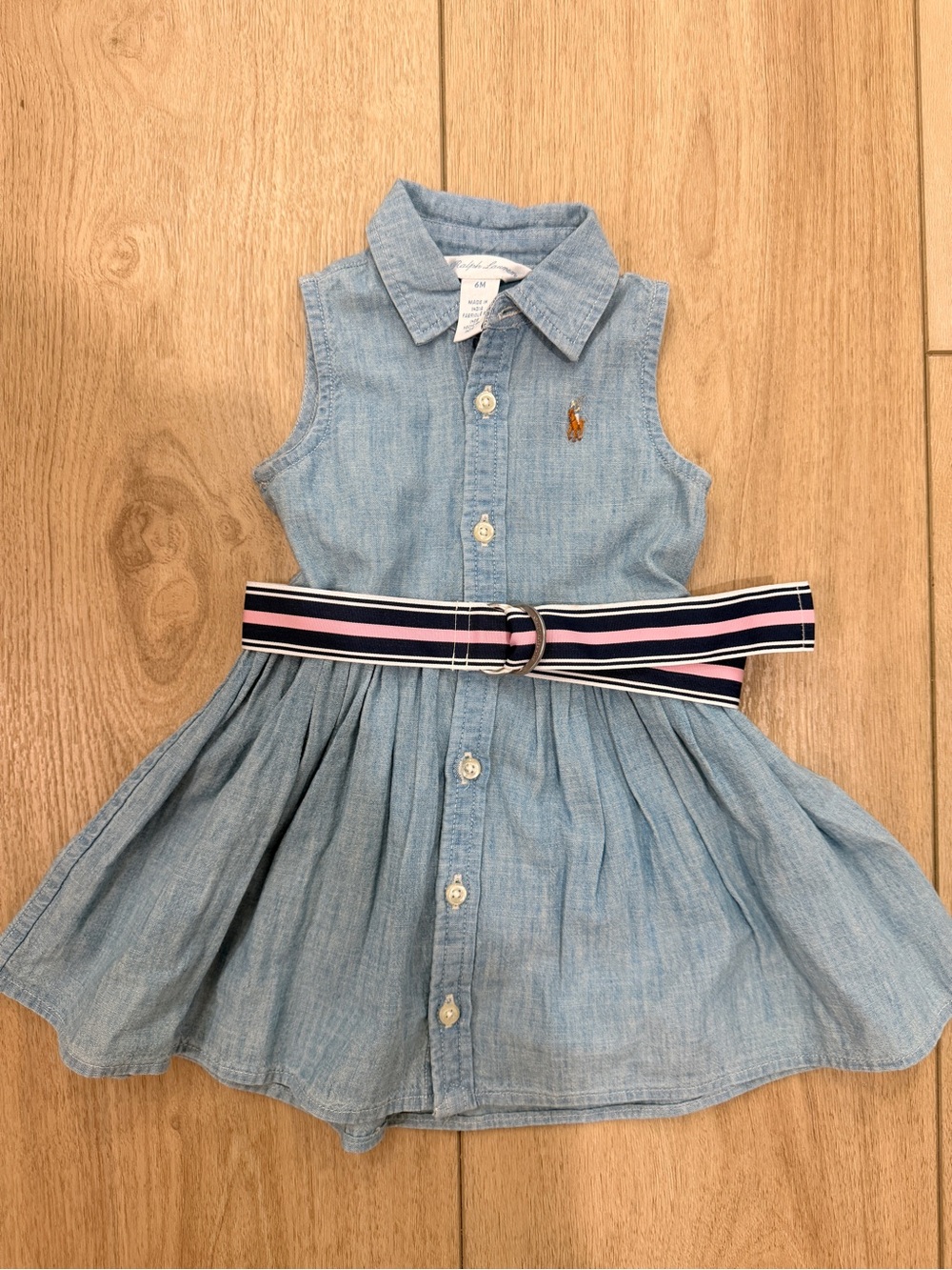 Polo by Ralph Lauren Light Blue Chambray Dress with Navy & Pink Striped Belt - Picture 3 of 8